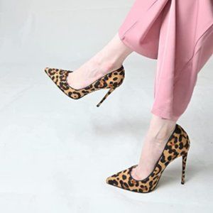 FSJ Leopard Suede Printed Pointy Toe High Heels Pumps Dress Shoes (narrow)